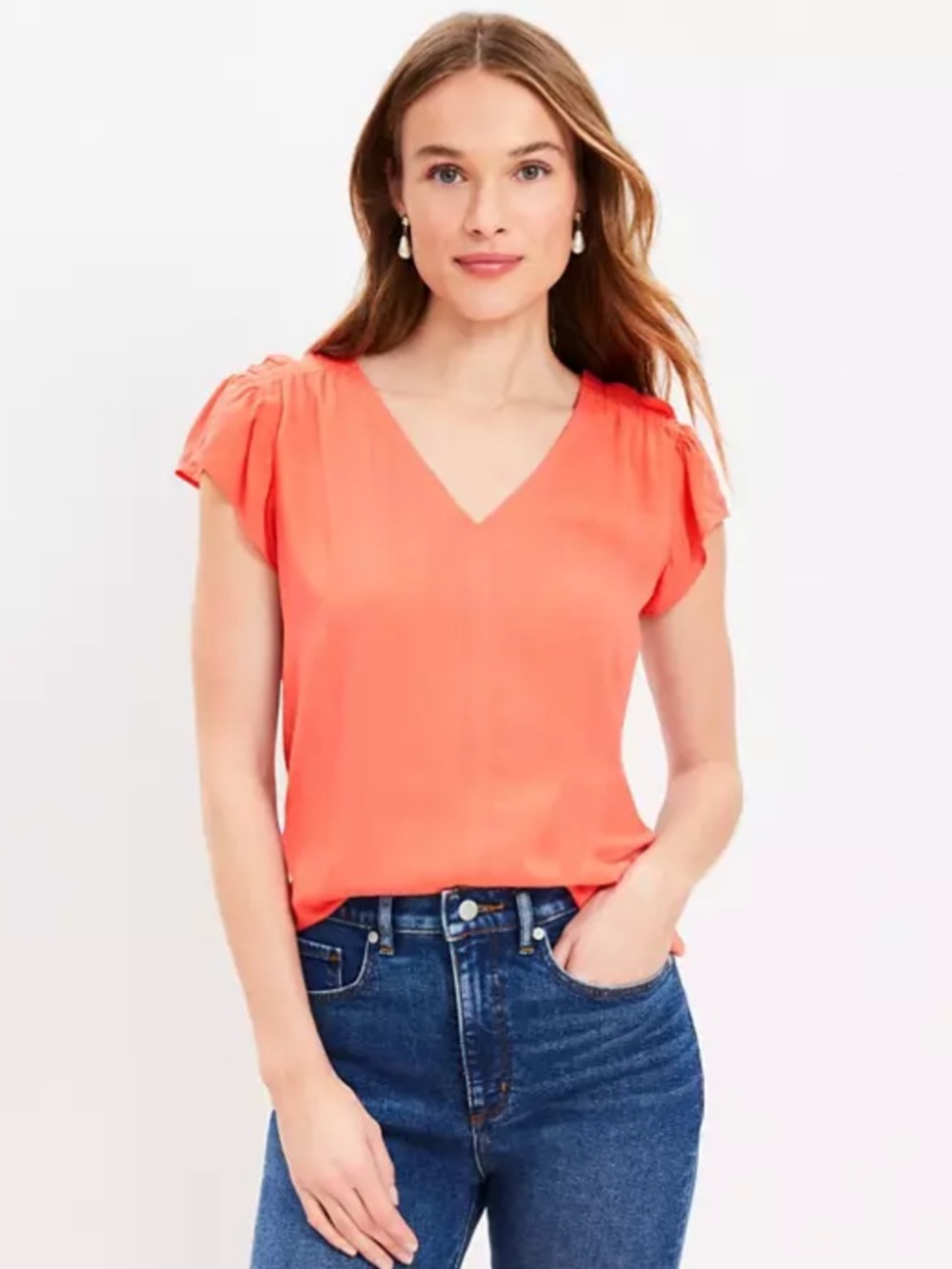 LOFT Smocked Shoulder Flutter Sleeve Top/ Orange Nectar